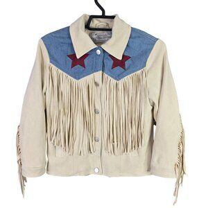 Fornia Kids Blue Red & Beige Fringe Suede Jacket American Stars Button Up M (10)